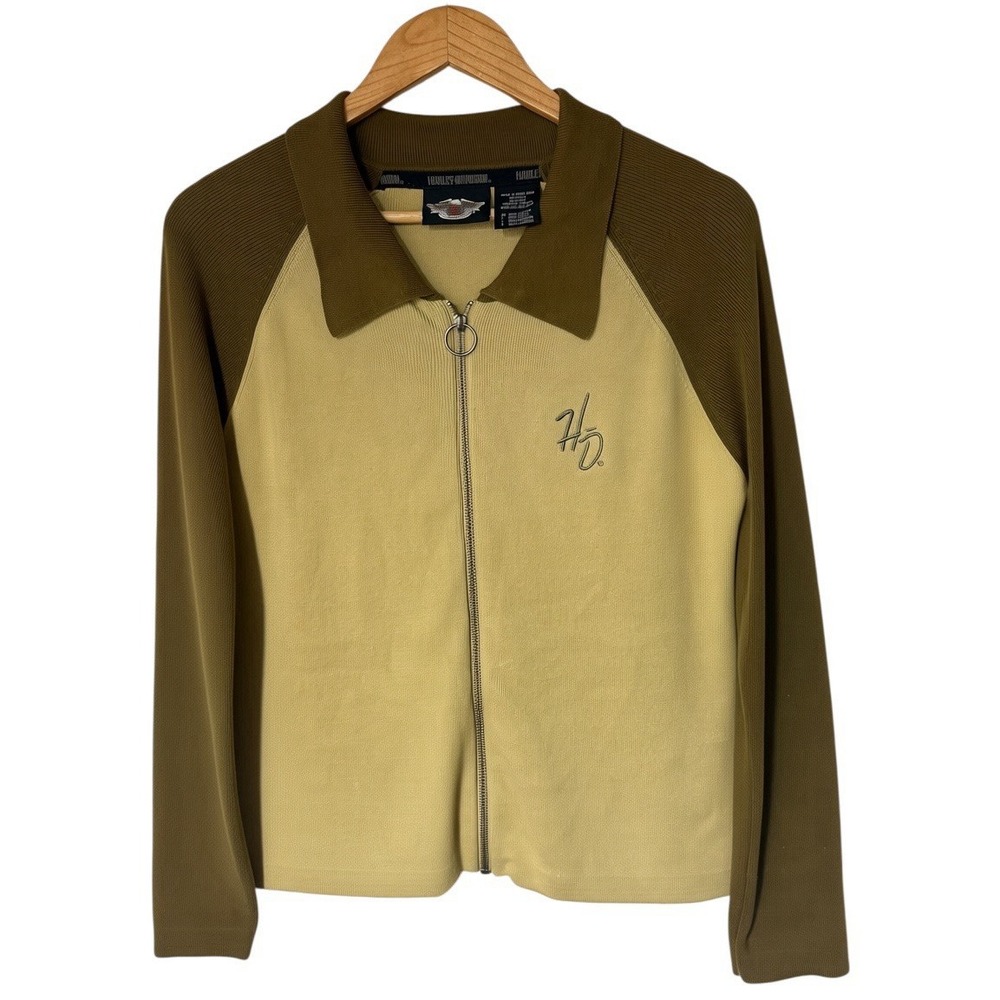 Harley Davidson Womens Ribbed Knit Zip Up Polo Sweater Olive Tan M